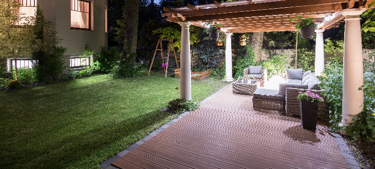 garden decking lit up at night