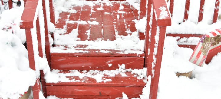 red snowy decking steps