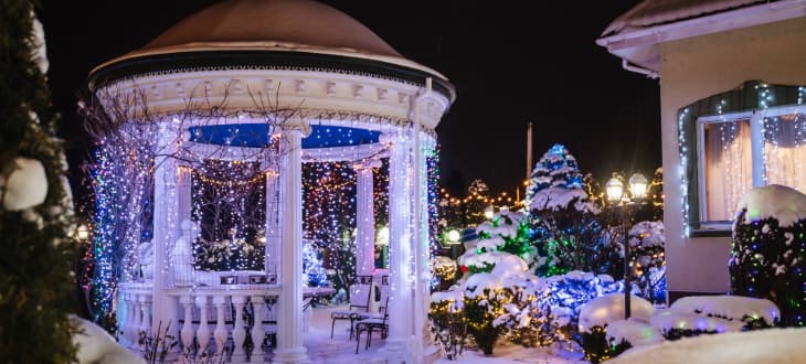 winter gazebo with lights and snow