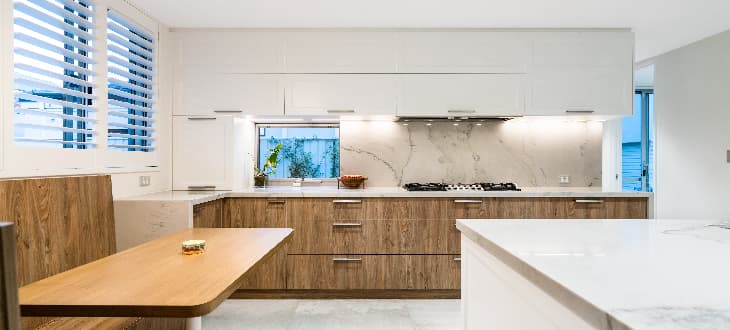 kitchen with marble splashback