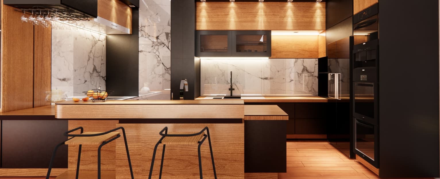 wooden kitchen with marble splashbacks