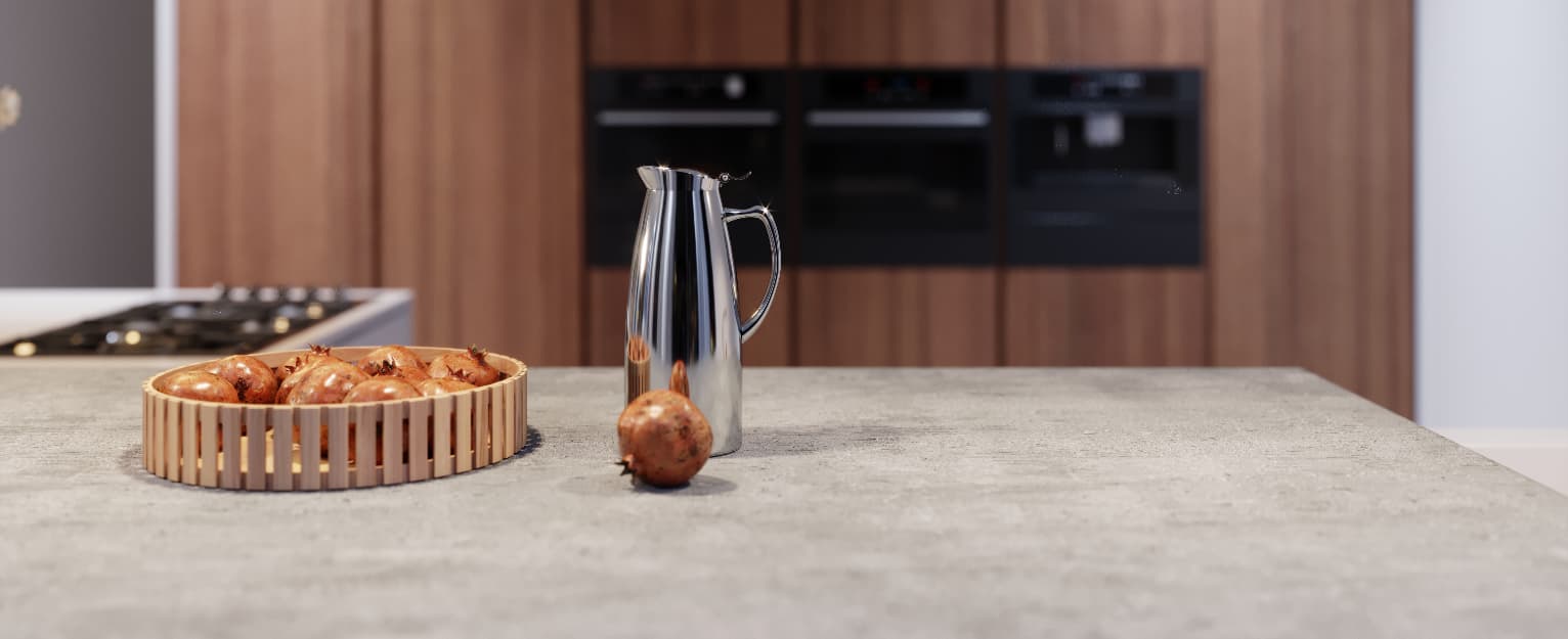 Contemporary kitchen featuring a durable worktop surface with wooden cabinetry and integrated appliances, showcasing a clean, modern design suitable for everyday food preparation and family living.