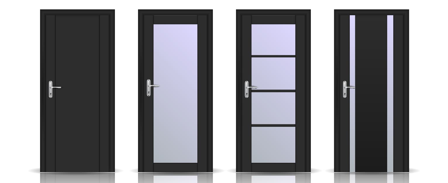 Collection of four modern black internal door styles, including solid panel, full-glazed, three-panel glazed and narrow-glazed designs, showcasing contemporary options for different rooms and interior styles.