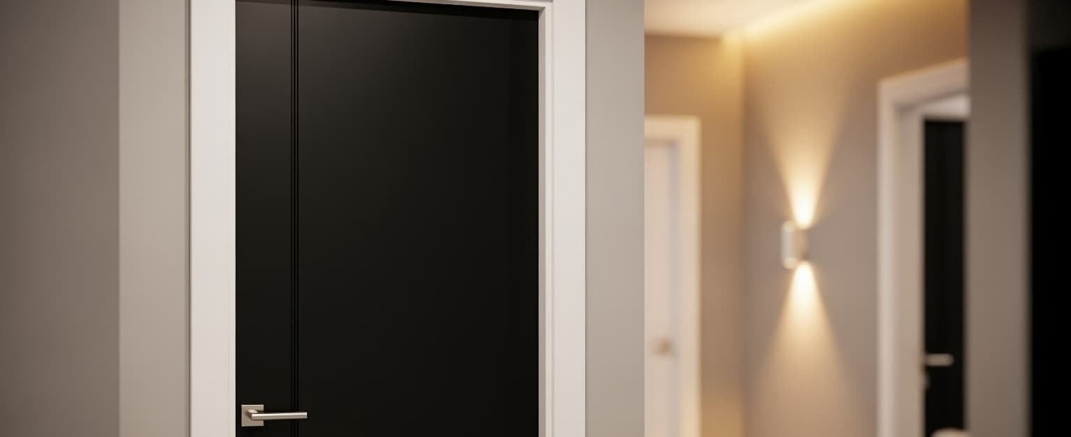 Contemporary black internal door with a white frame in a modern hallway, creating a bold contrast against neutral décor and demonstrating how black doors can add a stylish focal point to the home.
